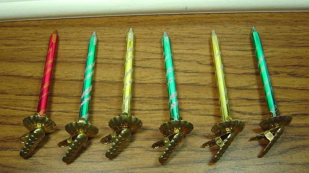 LOT OF 6 VINTAGE GLASS & BRASS CLIP-ON CANDLE ORNAMENTS-BLUE, RED & GOLD